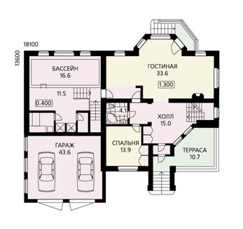 Проект классического дома с эркером, гаражом на два автомобиля, бильярдной, бассейном на первом этаже / План 1 этажа Проект классического дома с эркером, гаражом на два автомобиля, бильярдной, бассейном на первом этаже / План 1 этажа