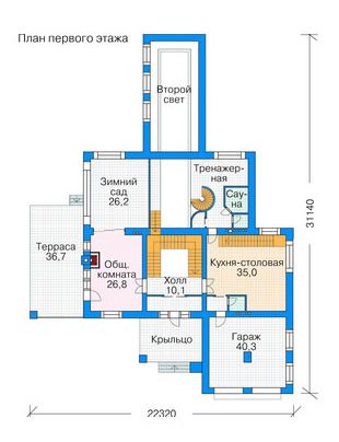 Проект комфортабельного дома с большим бассейном, бильярдной, домашним кинотеатром, тренажерным залом и зимним садом / План 1 этажа