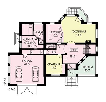 Проект дома из пенобетона с изысканными фасадами, гаражом на две машины, небольшой сауной / План 1 этажа Проект дома из пенобетона с изысканными фасадами, гаражом на две машины, небольшой сауной / План 1 этажа