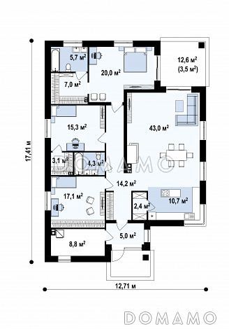 Проект одноэтажного дома с выделенной спальной зоной, просторной гостиной, террасой / План 1 этажа