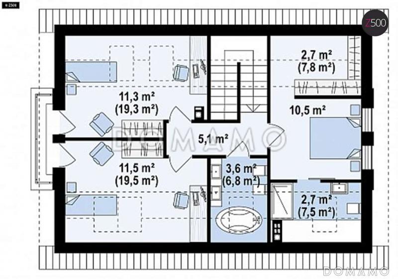 Проект классического мансардного дома из кирпича с дополнительной спальней на первом этаже,с эркером и с деревянными фасадами / План мансардного этажа