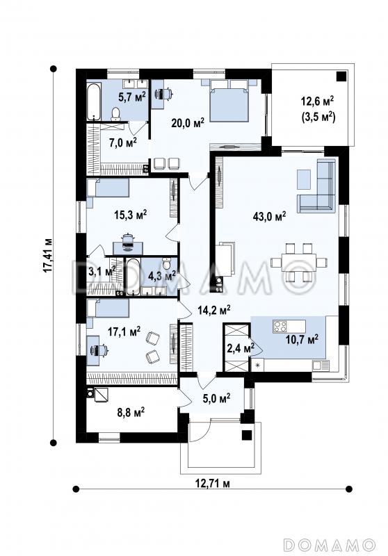 Проект одноэтажного дома с выделенной спальной зоной, просторной гостиной, террасой / План 1 этажа
