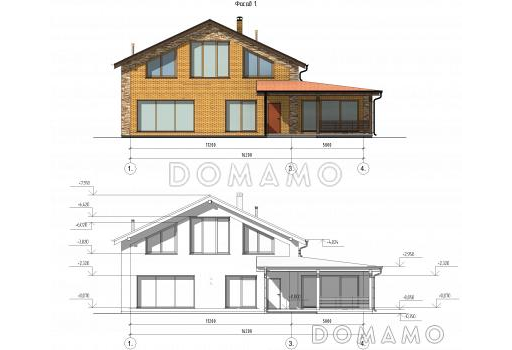 Проект бани с бассейном и двумя комнатами на мансарде / Фасад 1