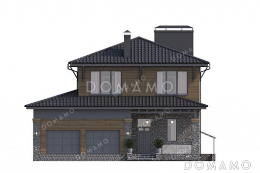 Проект двухэтажного дома с террасой, гаражом на два автомобиля и подвалом / Фасад 3