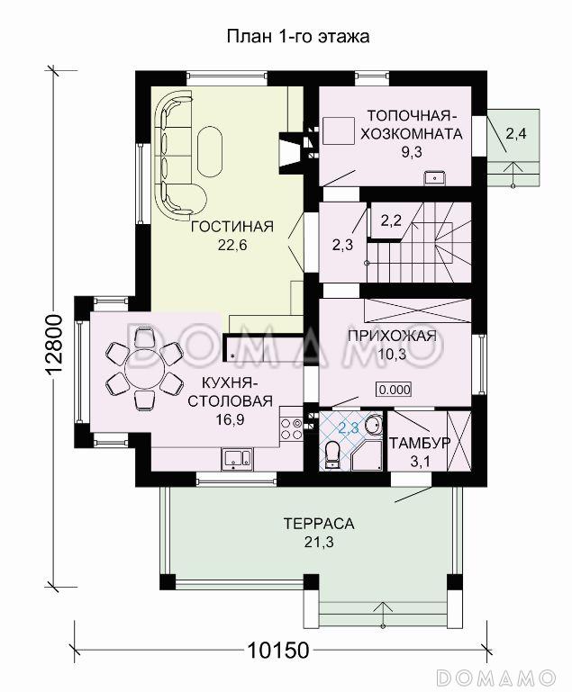 Проект двухэтажного дома из пеноблоков с тремя спальными комнатами / План 1 этажа