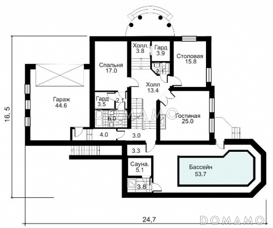Проект двухэтажного дома из кирпича с полукруглым эркером / План 1 этажа Проект двухэтажного дома из кирпича с полукруглым эркером / План 1 этажа