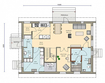 Проект каркасного дома с небольшой кухней / План 1 этажа Проект каркасного дома с небольшой кухней / План 1 этажа