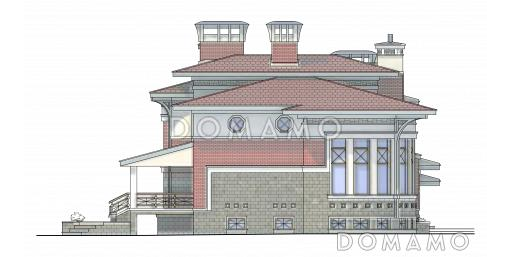 Проект коттеджа с круглой гостиной, гаражом и навесом / Фасад 2