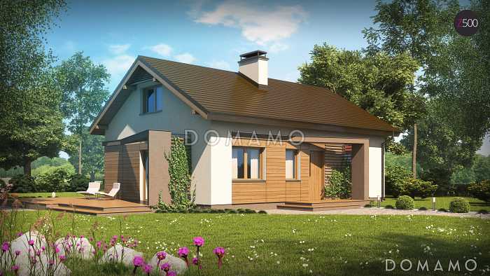 Проект компактного одноэтажного дома из кирпича с оригинальной открытой террасой по периметру Проект компактного одноэтажного дома из кирпича с оригинальной открытой террасой по периметру