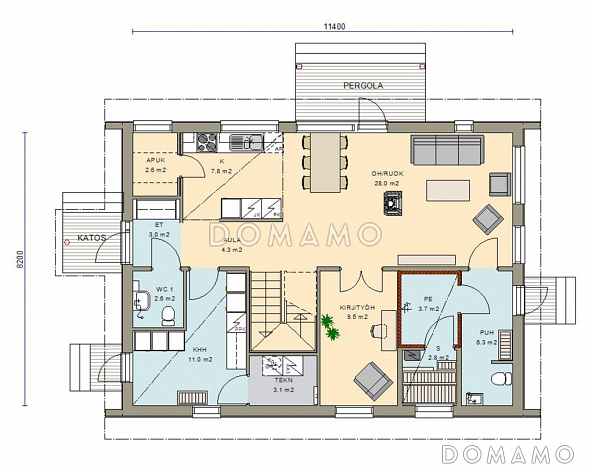Проект каркасного дома с небольшой кухней / План 1 этажа Проект каркасного дома с небольшой кухней / План 1 этажа