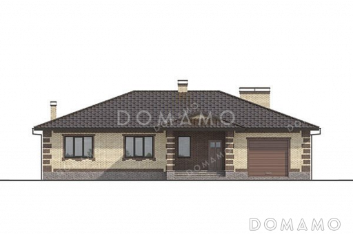 Проект одноэтажного дома с гаражом и большой террасой / Фасад 4 Проект одноэтажного дома с гаражом и большой террасой / Фасад 4