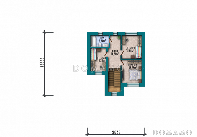 Проект двухэтажного дома с 3 спальнями, парной, террасой и большим гаражом и / План 2 этажа
