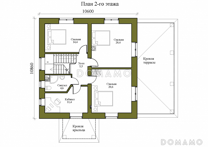 Проект двухэтажного дома с кабинетом, террасой и четырьмя спальнями / План 2 этажа