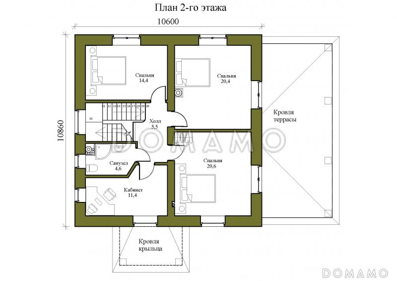 Проект двухэтажного дома с кабинетом, террасой и четырьмя спальнями / План 2 этажа