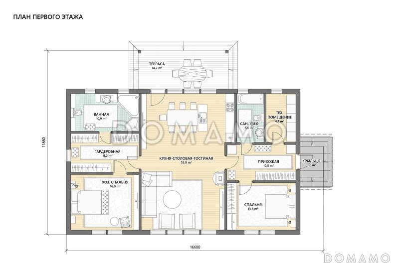 Проект скандинавского дома из газобетона с большой гостиной, крытой террасой и двумя спальнями / План 1 этажа
