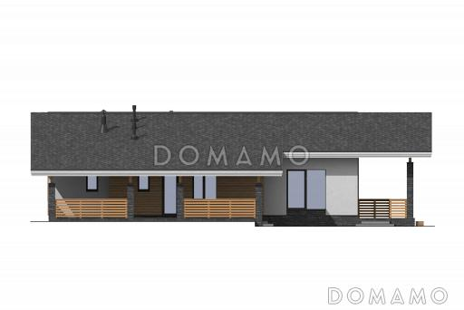 Проект одноэтажного дома с тремя спальнями, двумя крытыми террасами и чердаком / Фасад 2