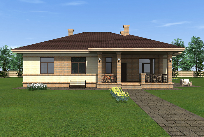 Одноэтажный дом из крупноформатного кирпича с тремя спальнями, большой кухней-гостиной и сауной