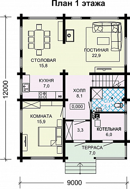 Проект дома из бруса с 4 спальнями и кабинетом с балконом / План 1 этажа Проект дома из бруса с 4 спальнями и кабинетом с балконом / План 1 этажа