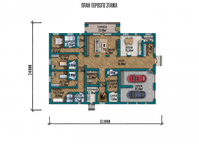 Проект большого одноэтажного дома с мансардой и гаражом на два автомобиля / План 1 этажа