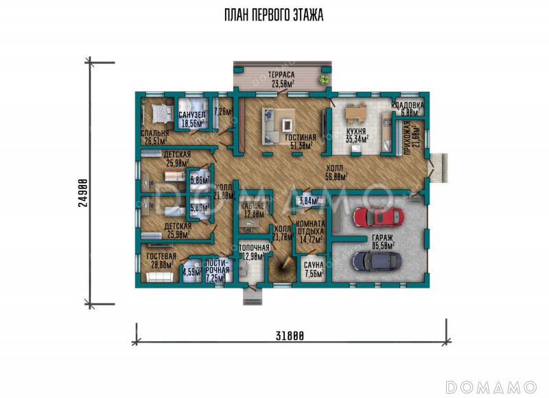Проект большого одноэтажного дома с мансардой и гаражом на два автомобиля / План 1 этажа