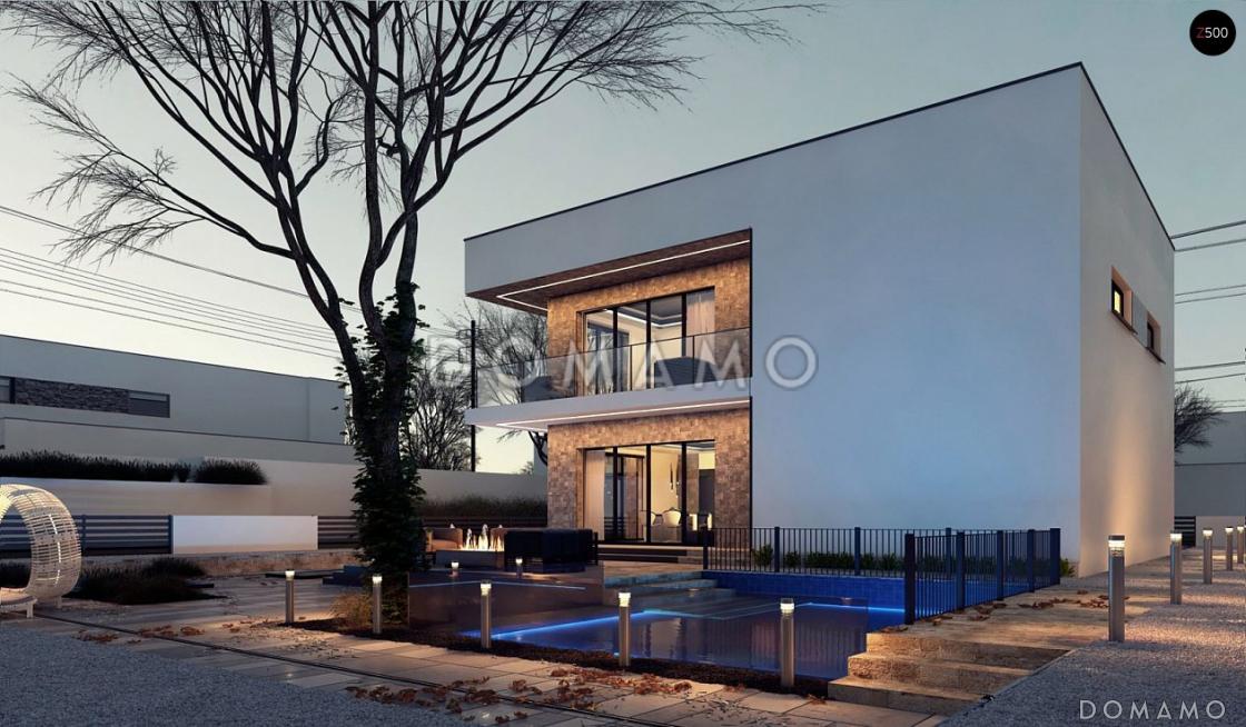 Проект современного двухэтажного дома из кирпича с плоской крышей, с четырьмя комнатами, гаражом и угловой лоджией / 3