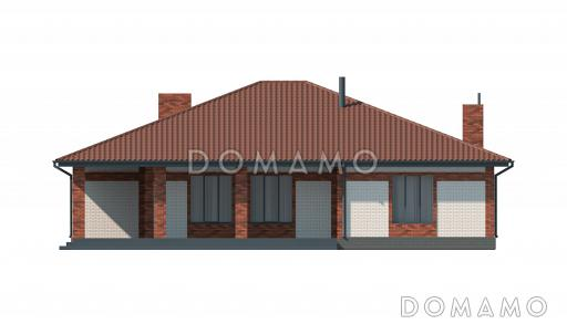 Проект одноэтажного дома с террасой и гаражом, просторной кухней-столовой, хозяйской спальней  / Фасад 1