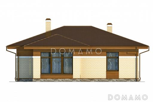 Проект одноэтажного дома с двуцветной облицовкой и большим эркером гостиной / Фасад 2