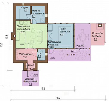 Проект бассейна с зоной отдыха и барбекю / План 1 этажа
