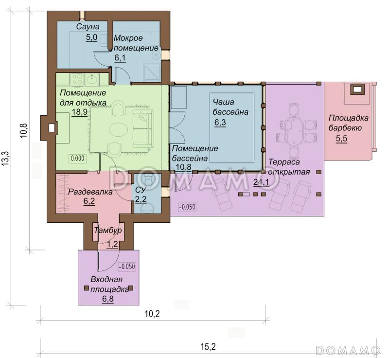 Проект бассейна с зоной отдыха и барбекю / План 1 этажа