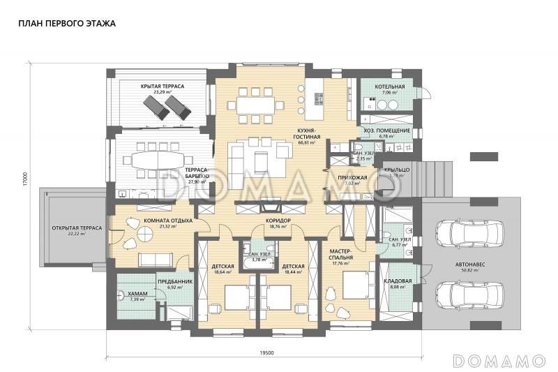 Проект просторного дома в скандинавском стиле с хамамом, зоной отдыха и навесом для 2 машин / План 1 этажа