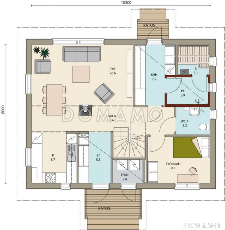 Проект каркасного дома маленькой кухонной зоной / План 1 этажа