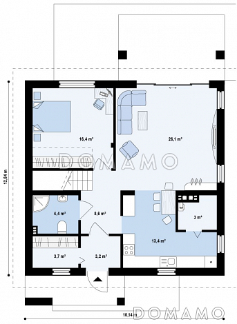 Проект одноэтажного мансардного дома из кирпича с гостевой комнатой на первом этаже и балконом над террасой / План 1 этажа Проект одноэтажного мансардного дома из кирпича с гостевой комнатой на первом этаже и балконом над террасой / План 1 этажа