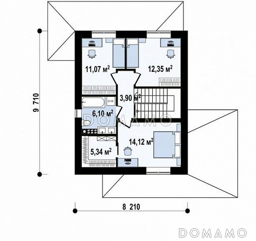 Проект двухэтажного дома с кабинетом, террасой, ванной с окном / План 2 этажа Проект двухэтажного дома с кабинетом, террасой, ванной с окном / План 2 этажа