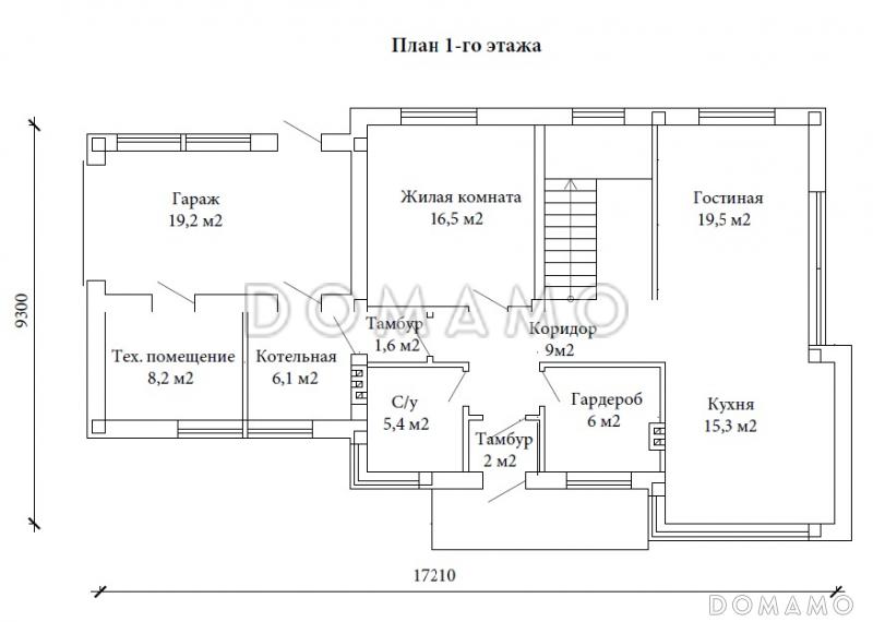 Проект современного двухэтажного дома из газобетона с большой площадью остекления, лоджией и гаражом / План 1 этажа