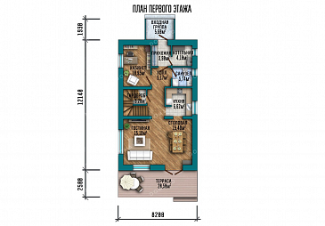 Проект одноэтажного дома с мансардой и террасой / План 1 этажа Проект одноэтажного дома с мансардой и террасой / План 1 этажа