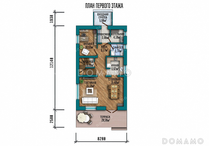 Проект одноэтажного дома с мансардой и террасой / План 1 этажа Проект одноэтажного дома с мансардой и террасой / План 1 этажа