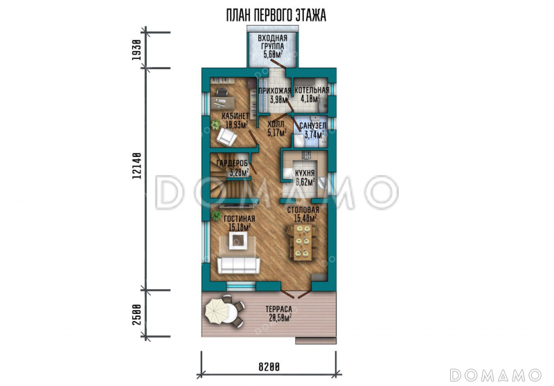 Проект одноэтажного дома с мансардой и террасой / План 1 этажа