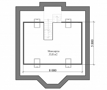 Проект классического коттеджа 10х10 с подвалом / План мансардного этажа Проект классического коттеджа 10х10 с подвалом / План мансардного этажа
