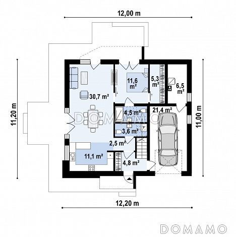 Проект двухэтажного дома с гаражом на одну машину, кладовой, хозяйской спальней / План 1 этажа
