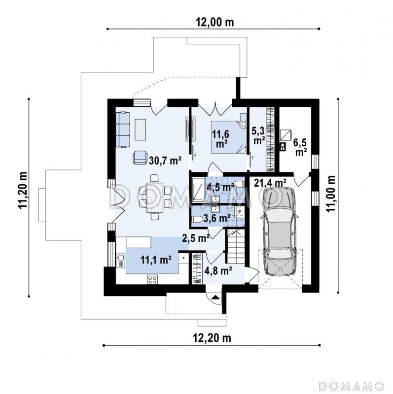 Проект двухэтажного дома с гаражом на одну машину, кладовой, хозяйской спальней / План 1 этажа