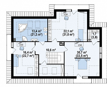 Проект просторного одноэтажного мансардного коттеджа из газобетона с пятью спальнями и гаражом на два автомобиля / План мансардного этажа Проект просторного одноэтажного мансардного коттеджа из газобетона с пятью спальнями и гаражом на два автомобиля / План мансардного этажа