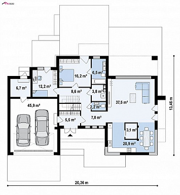 Проект красивого просторного двухэтажного дома из кирпича с террасами, балконами и гаражом / План 1 этажа
