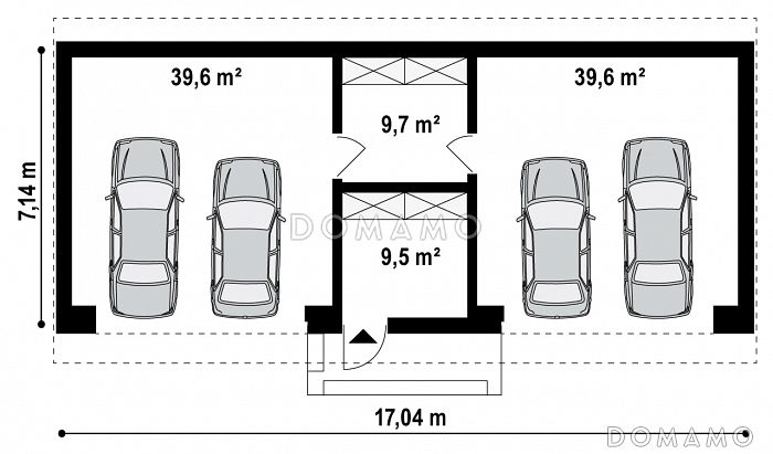 Проект большого гаража из газобетона для четырёх автомобилей с подсобными помещениями  / План 1 этажа Проект большого гаража из газобетона для четырёх автомобилей с подсобными помещениями  / План 1 этажа