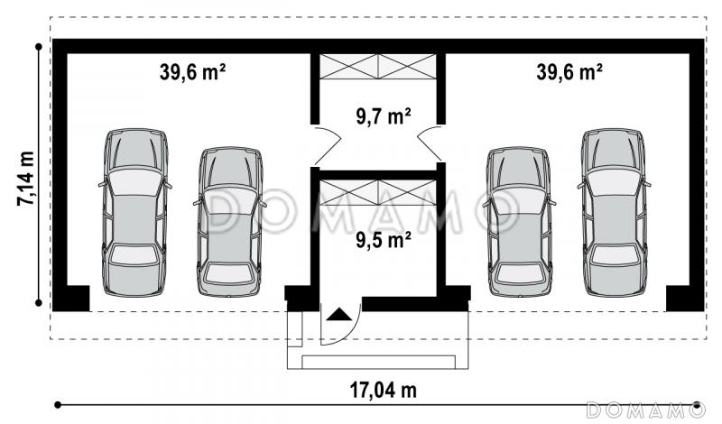 Проект большого гаража из газобетона для четырёх автомобилей с подсобными помещениями  / План 1 этажа