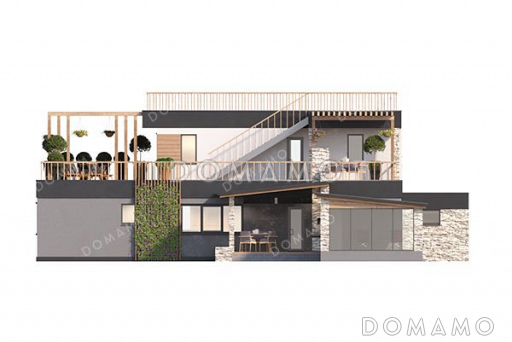 Проект двухэтажного дома с бассейном и гаражом на два автомобиля / Фасад 3