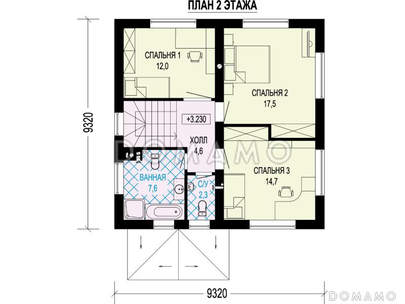 Проект загородного дома с крышей Судейкина, с отдельным входом в котельную,  спальней на первом этаже, ванной и санузлом на втором этаже / План 2 этажа