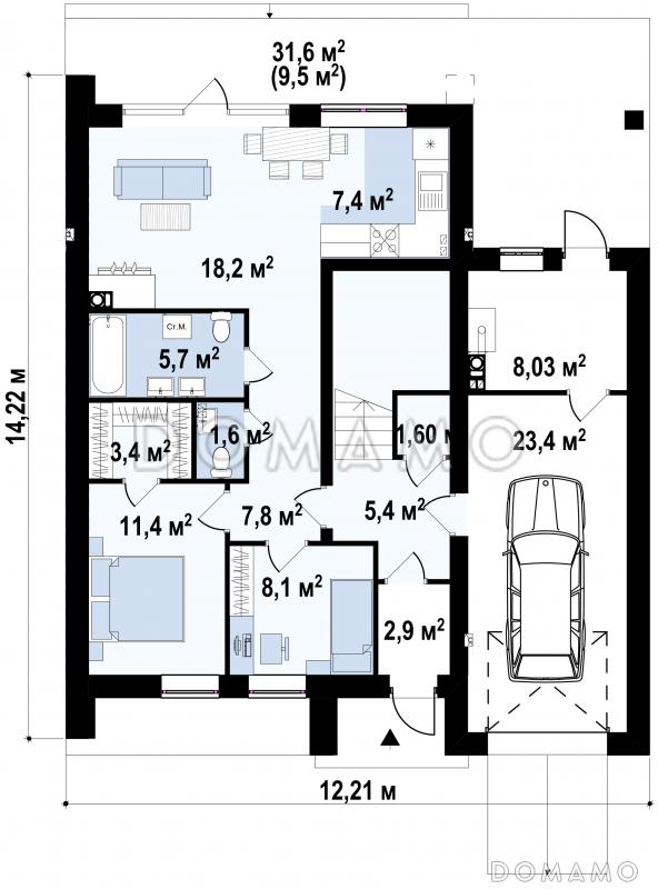 Проект современного двухэтажного дома из кирпича для двух семей, с гаражом и террасой над ним / План 1 этажа