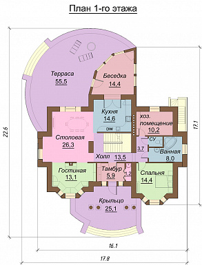 Проект одноэтажного дома с мансардным и цокольным этажами, с двумя эркерами / План 1 этажа Проект одноэтажного дома с мансардным и цокольным этажами, с двумя эркерами / План 1 этажа