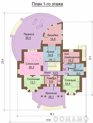 Проект одноэтажного дома с мансардным и цокольным этажами, с двумя эркерами / План 1 этажа Проект одноэтажного дома с мансардным и цокольным этажами, с двумя эркерами / План 1 этажа