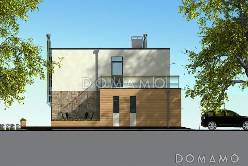 Проект современного дома с гаражом на одну машину, открытой террасой, просторной гостиной, широким балконом над гаражом / Фасад 4